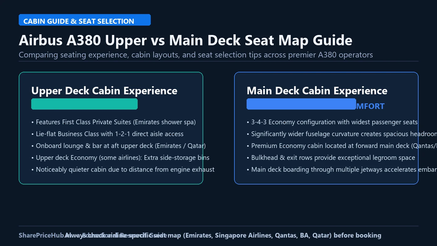 Cabin seating comparison diagram illustrating upper deck premium suites versus main deck widebody economy