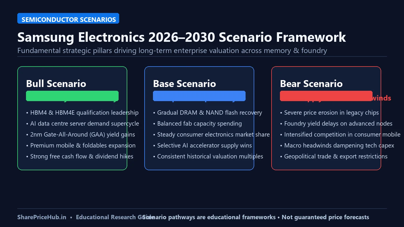 Samsung 2026–2030 Stock Scenario Framework Samsung stock prediction 2026–2030: bull, base and bear business scenarios for semiconductor growth